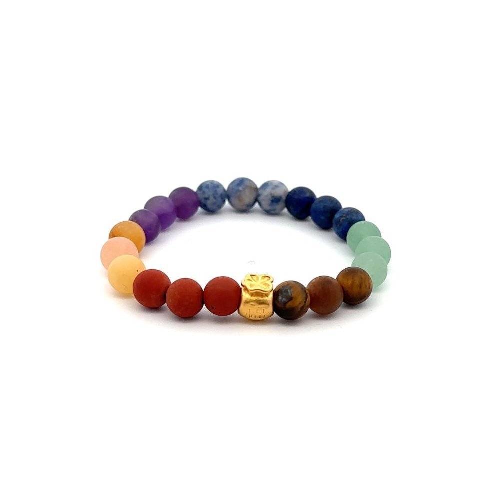 24K Yellow Gold Money Bag Lucky Bracelet Matte Chakra Gemstones 6mm